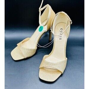 Guess Los Angeles Shoes Women 7.5 Beige Gold Glitter Heels Open Toe Strap Ankles